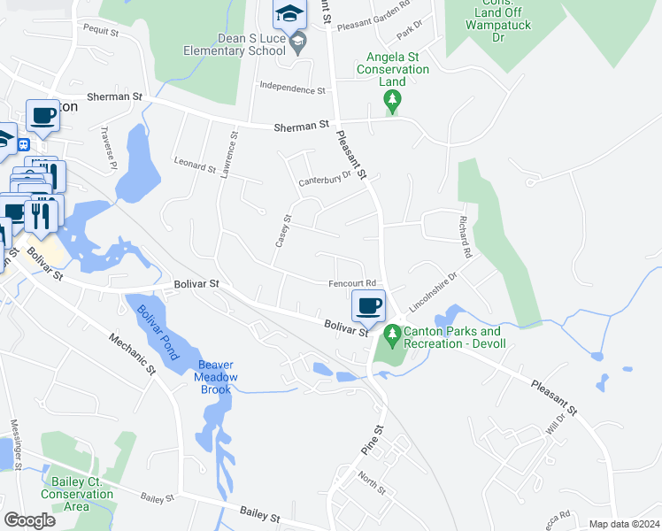 map of restaurants, bars, coffee shops, grocery stores, and more near 6 Peters Road in Canton