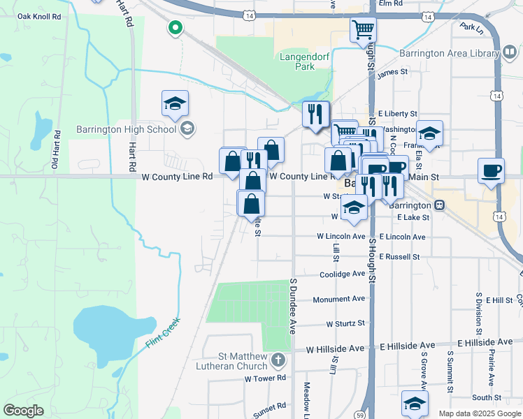 map of restaurants, bars, coffee shops, grocery stores, and more near 203 South Lageshulte Street in Barrington