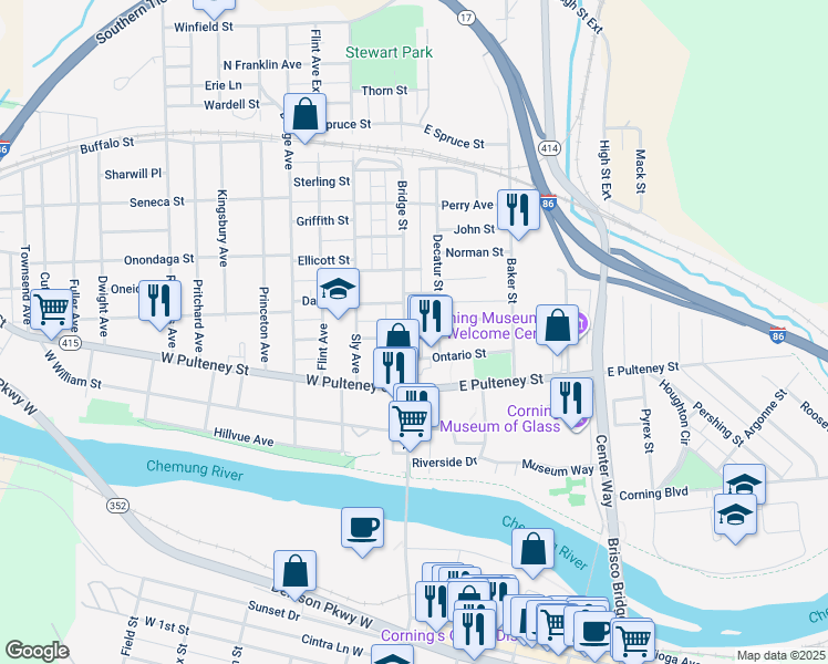 map of restaurants, bars, coffee shops, grocery stores, and more near 152 South Bridge Street in Corning