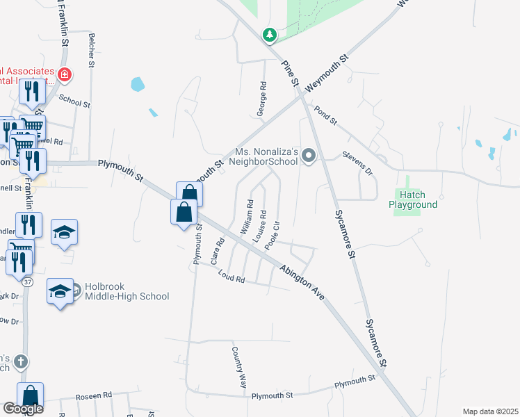map of restaurants, bars, coffee shops, grocery stores, and more near 91 Poole Circle in Holbrook