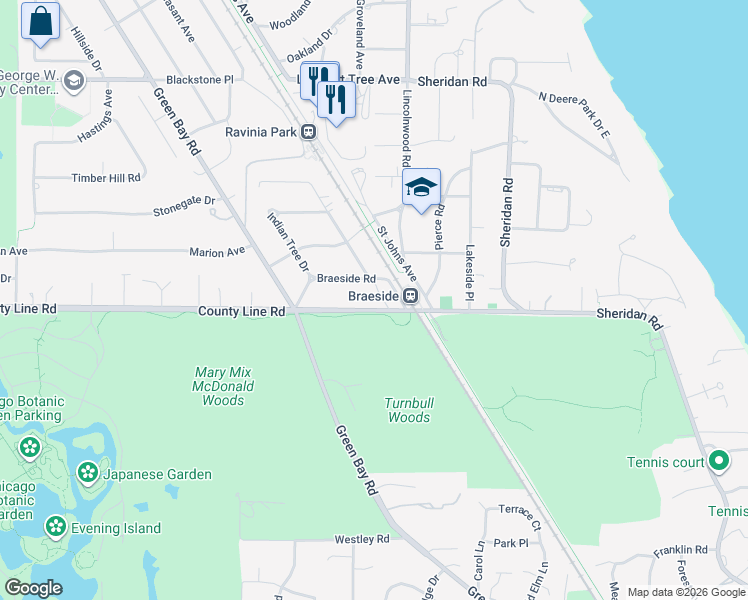 map of restaurants, bars, coffee shops, grocery stores, and more near 502 Braeside Road in Highland Park