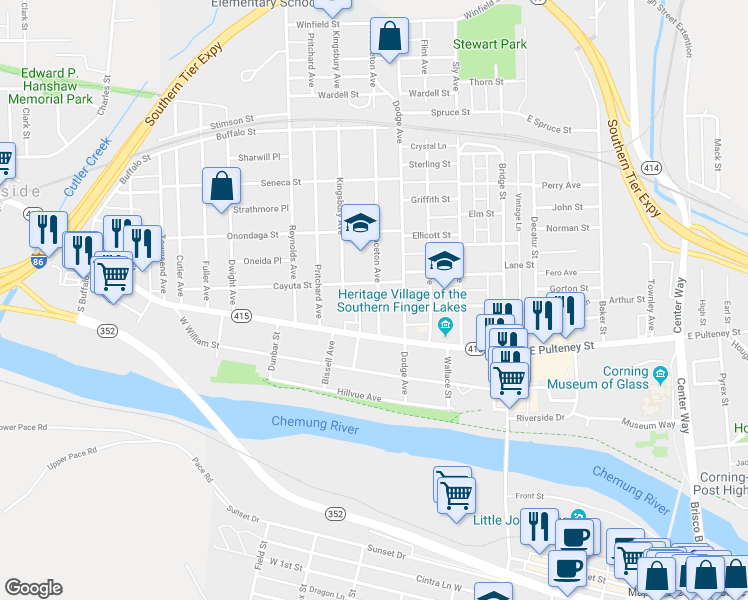 map of restaurants, bars, coffee shops, grocery stores, and more near 142 Cayuta Street in Corning