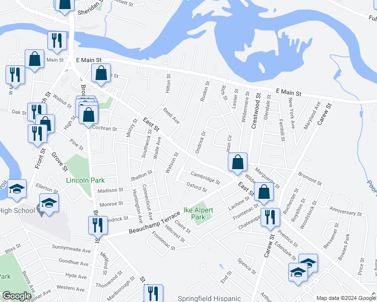 map of restaurants, bars, coffee shops, grocery stores, and more near 291 East Street in Chicopee