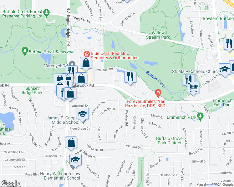 map of restaurants, bars, coffee shops, grocery stores, and more near 63 Timber Hill Road in Buffalo Grove