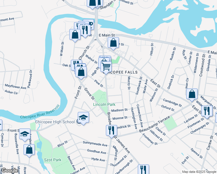 map of restaurants, bars, coffee shops, grocery stores, and more near in Chicopee