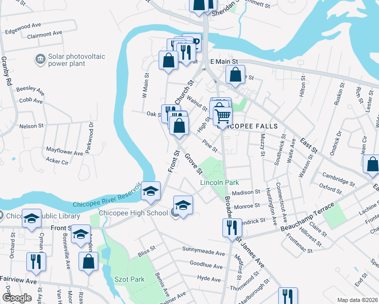 map of restaurants, bars, coffee shops, grocery stores, and more near 225 Grove Street in Chicopee