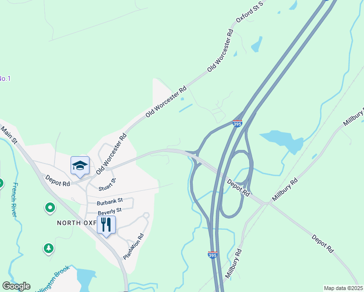 map of restaurants, bars, coffee shops, grocery stores, and more near 69 Depot Road in Oxford