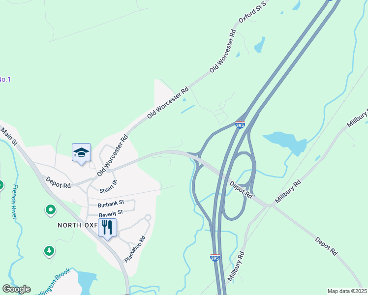 map of restaurants, bars, coffee shops, grocery stores, and more near 69 Depot Road in Oxford