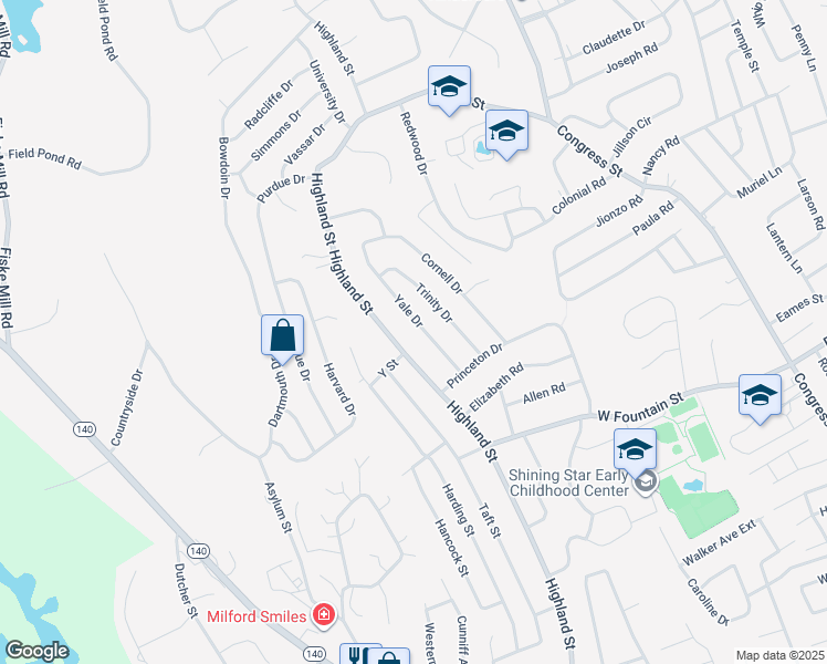 map of restaurants, bars, coffee shops, grocery stores, and more near 14 Yale Drive in Milford