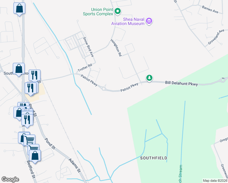 map of restaurants, bars, coffee shops, grocery stores, and more near 1 Patriot Parkway in Weymouth