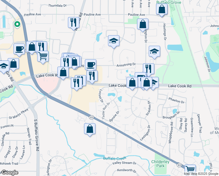 map of restaurants, bars, coffee shops, grocery stores, and more near 765 Harms Court in Wheeling