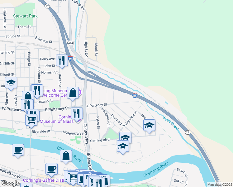 map of restaurants, bars, coffee shops, grocery stores, and more near 8 James Street in Corning