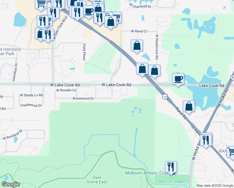 map of restaurants, bars, coffee shops, grocery stores, and more near 33 East Moseley Road in Palatine