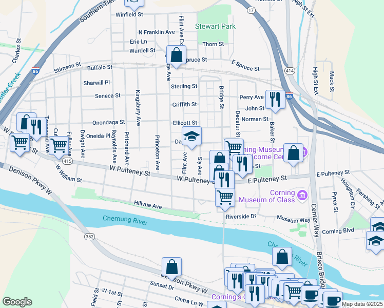 map of restaurants, bars, coffee shops, grocery stores, and more near 164 Flint Avenue in Corning
