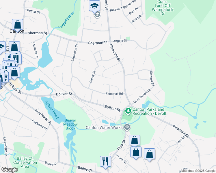 map of restaurants, bars, coffee shops, grocery stores, and more near 6 Peters Road in Canton