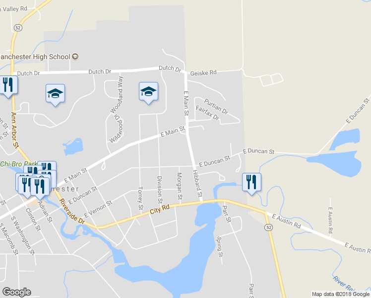 map of restaurants, bars, coffee shops, grocery stores, and more near 104 Hibbard Street in Manchester