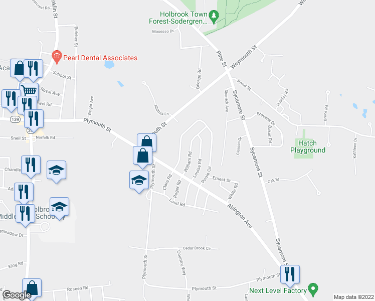 map of restaurants, bars, coffee shops, grocery stores, and more near 28 William Road in Holbrook