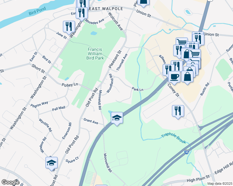 map of restaurants, bars, coffee shops, grocery stores, and more near 11 Vose Lane in Walpole