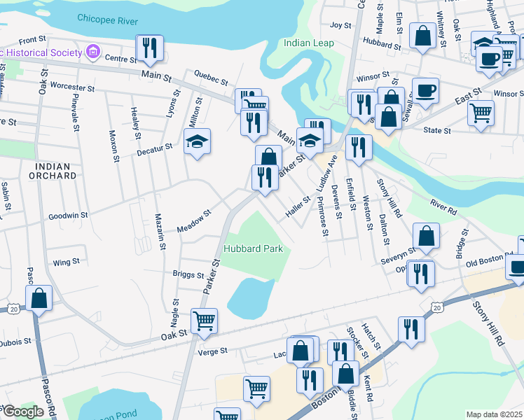 map of restaurants, bars, coffee shops, grocery stores, and more near 111 Parker Street in Springfield