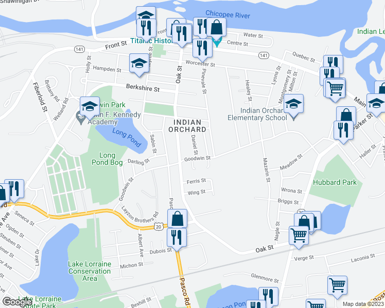 map of restaurants, bars, coffee shops, grocery stores, and more near 326 Goodwin Street in Springfield