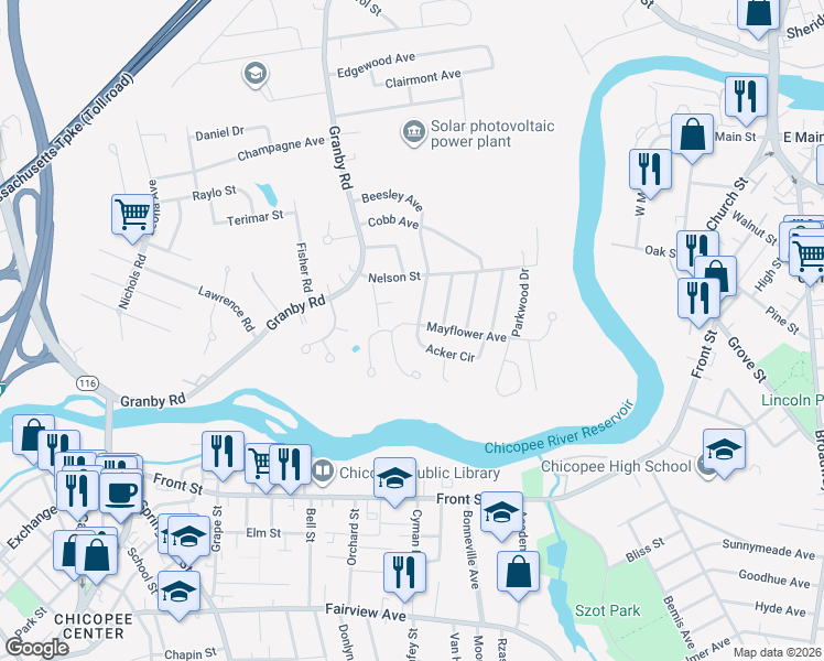 map of restaurants, bars, coffee shops, grocery stores, and more near 107 Mayflower Avenue in Chicopee