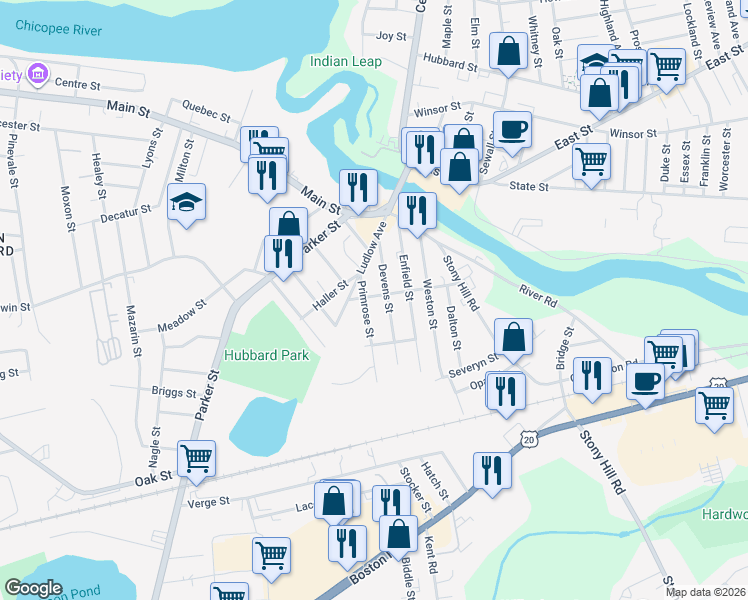 map of restaurants, bars, coffee shops, grocery stores, and more near 27 Acton Street in Springfield