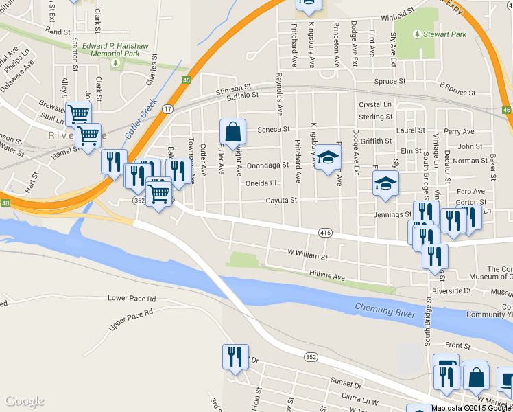 map of restaurants, bars, coffee shops, grocery stores, and more near 260 Cayuta Street in Corning