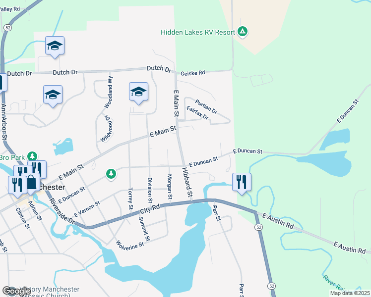 map of restaurants, bars, coffee shops, grocery stores, and more near 104 Hibbard Street in Manchester