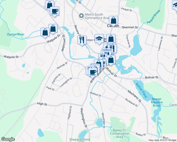 map of restaurants, bars, coffee shops, grocery stores, and more near 35 Neponset Street in Canton
