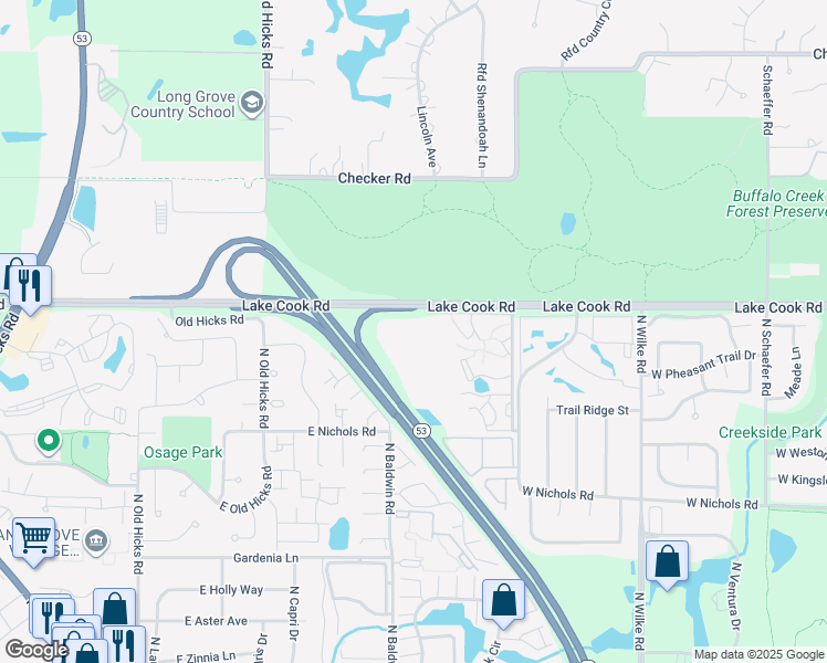 map of restaurants, bars, coffee shops, grocery stores, and more near 4208 Bonhill Drive in Arlington Heights