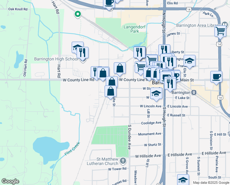 map of restaurants, bars, coffee shops, grocery stores, and more near 203 South Lageshulte Street in Barrington