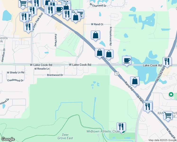 map of restaurants, bars, coffee shops, grocery stores, and more near 2332 North Brett Lane in Palatine