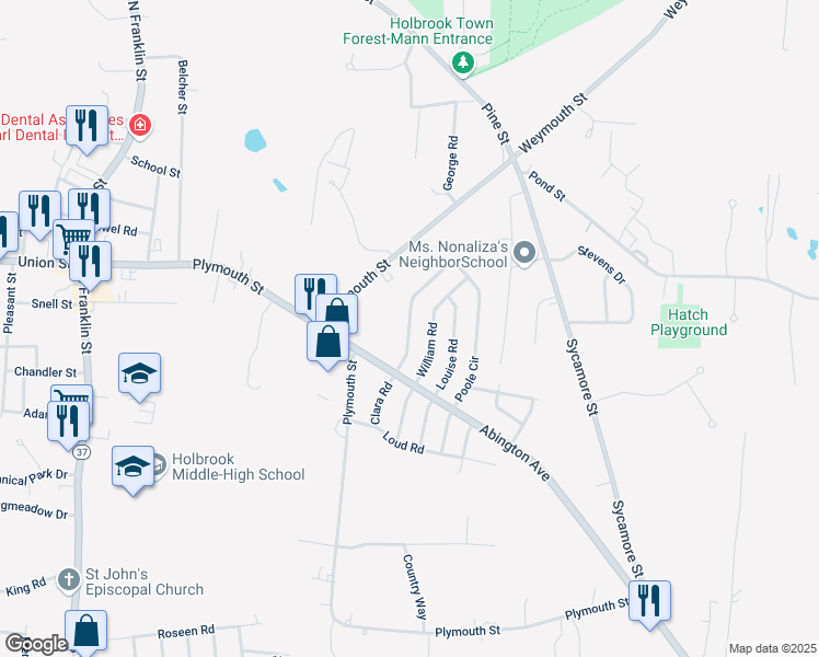 map of restaurants, bars, coffee shops, grocery stores, and more near 24 Poole Circle in Holbrook