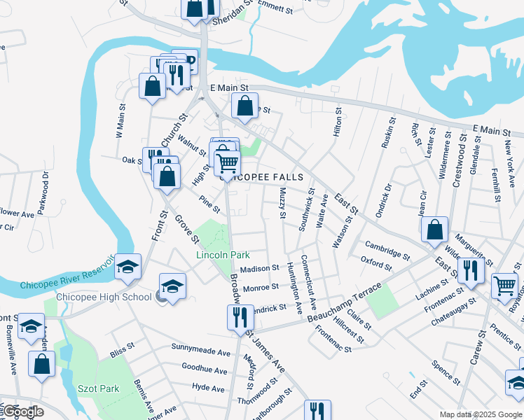 map of restaurants, bars, coffee shops, grocery stores, and more near 47 Harvard Street in Chicopee