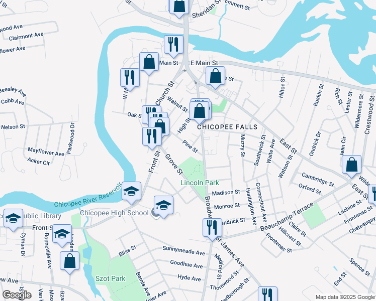 map of restaurants, bars, coffee shops, grocery stores, and more near 76 Pine Street in Chicopee
