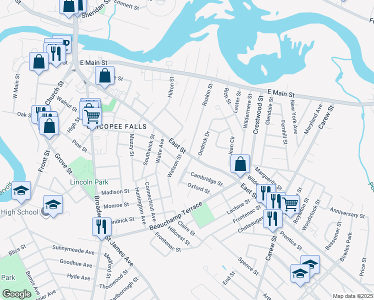 map of restaurants, bars, coffee shops, grocery stores, and more near 285 East Street in Chicopee
