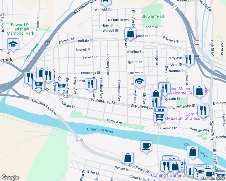 map of restaurants, bars, coffee shops, grocery stores, and more near 142 Cayuta Street in Corning