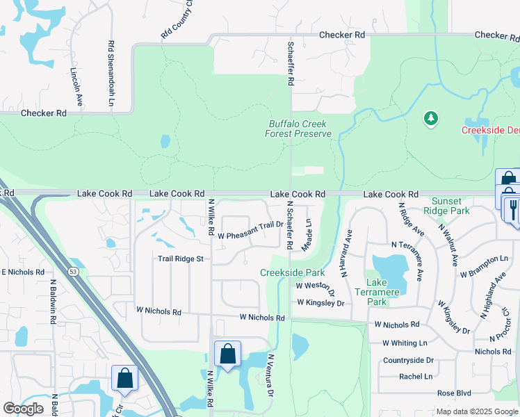 map of restaurants, bars, coffee shops, grocery stores, and more near 1603 West Hawkes Street in Arlington Heights