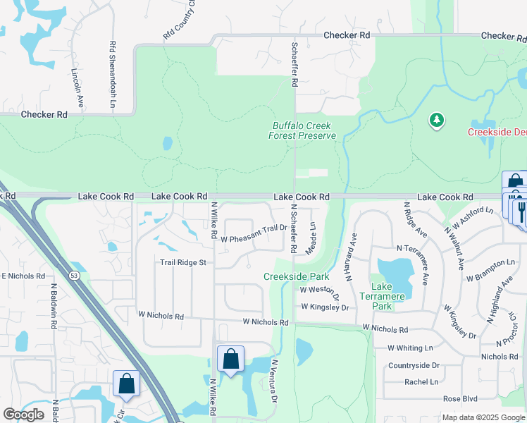 map of restaurants, bars, coffee shops, grocery stores, and more near 1603 West Hawkes Street in Arlington Heights