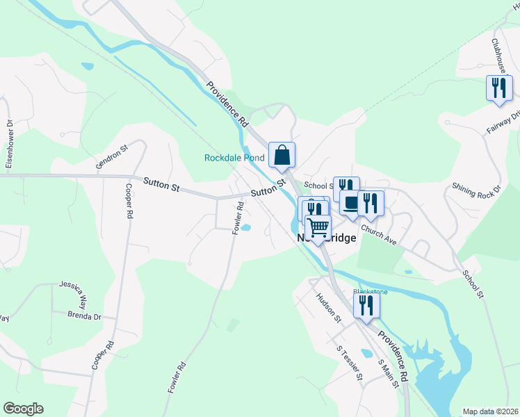 map of restaurants, bars, coffee shops, grocery stores, and more near 28 Railroad Street in Northbridge