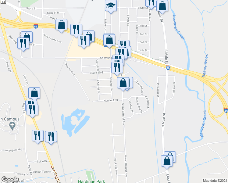 map of restaurants, bars, coffee shops, grocery stores, and more near 4152 S Center St in Horseheads