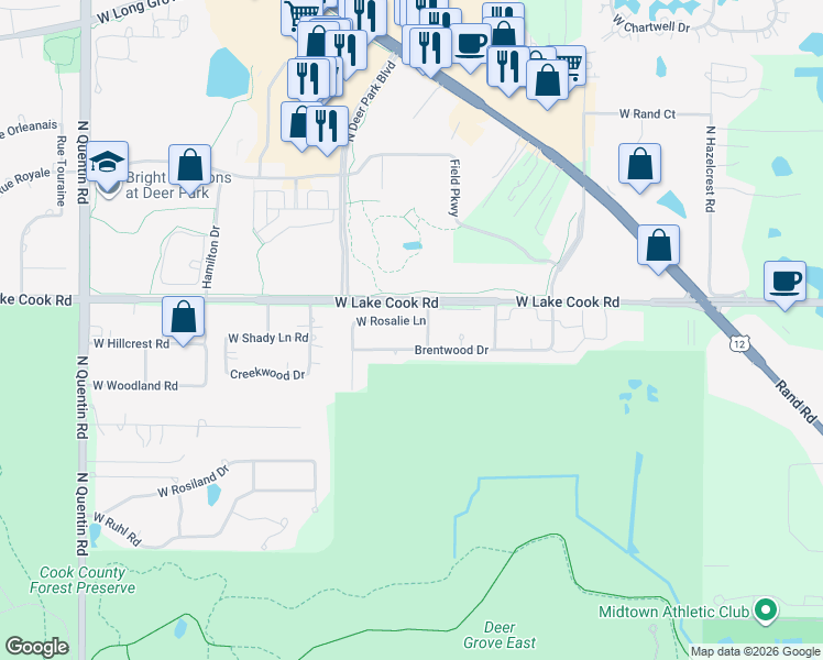 map of restaurants, bars, coffee shops, grocery stores, and more near 271 West Rosalie Lane in Palatine