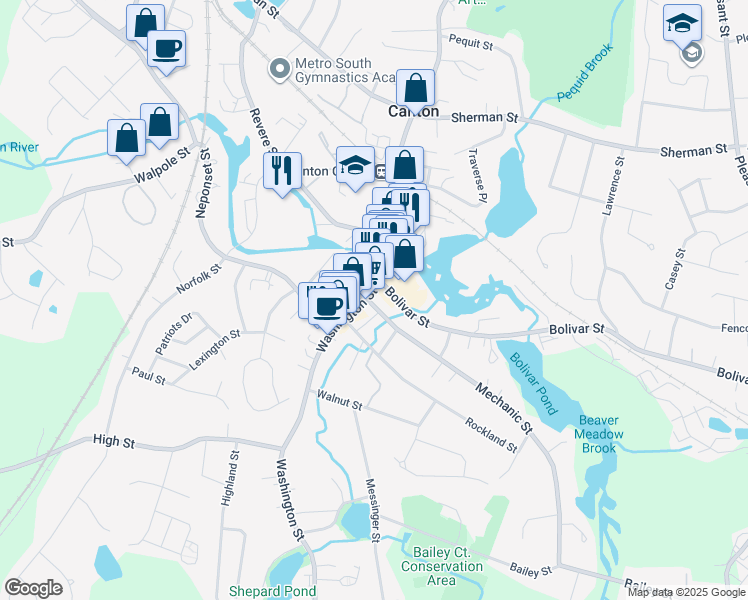 map of restaurants, bars, coffee shops, grocery stores, and more near 569 Washington Street in Canton