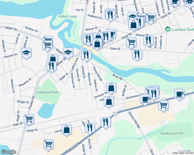map of restaurants, bars, coffee shops, grocery stores, and more near 36 Stony Hill Road in Wilbraham