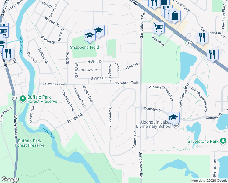 map of restaurants, bars, coffee shops, grocery stores, and more near 1116 Stratford Lane in Algonquin