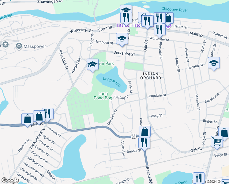 map of restaurants, bars, coffee shops, grocery stores, and more near 96 Darling Street in Springfield