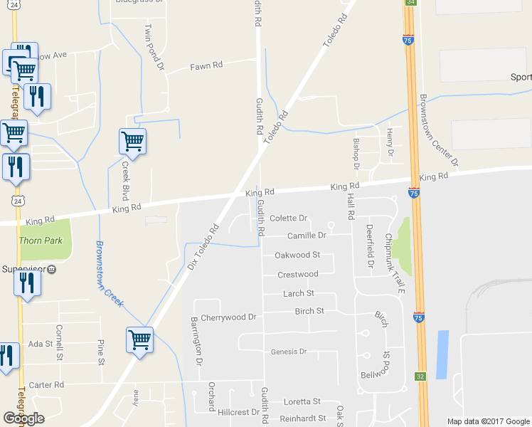 map of restaurants, bars, coffee shops, grocery stores, and more near 22318 Colette Drive in Trenton
