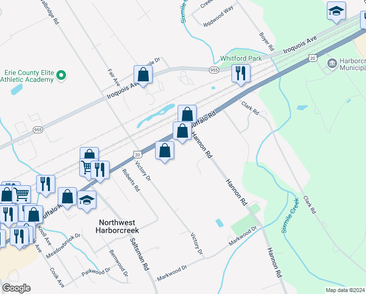 map of restaurants, bars, coffee shops, grocery stores, and more near 5063 Buffalo Road in Erie