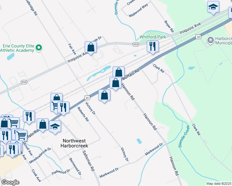 map of restaurants, bars, coffee shops, grocery stores, and more near 5063 Buffalo Road in Erie