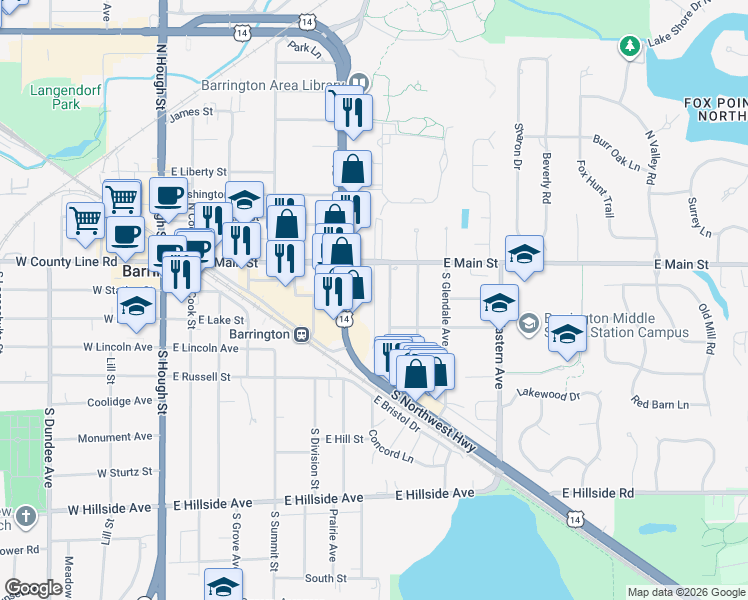map of restaurants, bars, coffee shops, grocery stores, and more near 131 Walton Street in Barrington